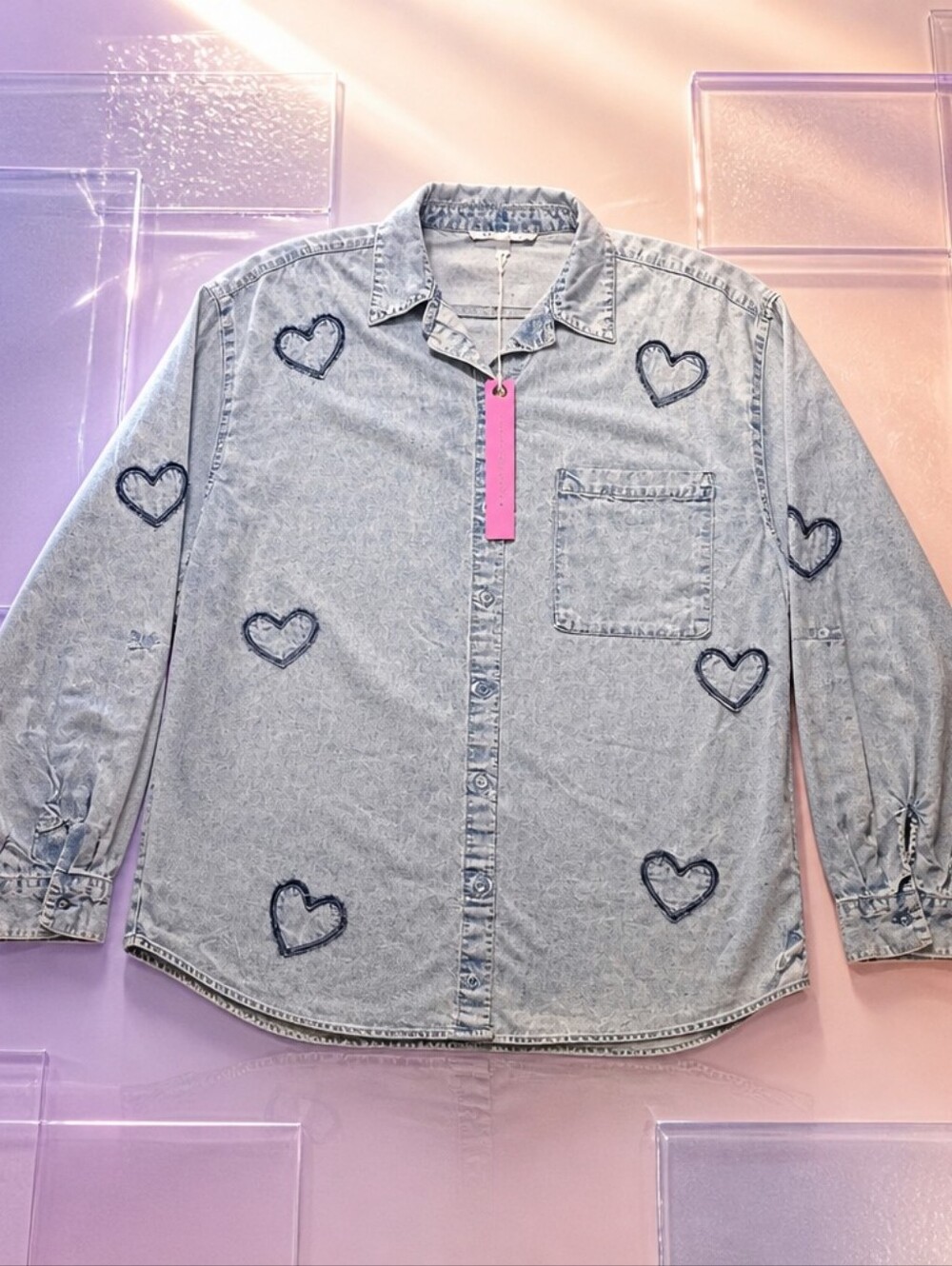 Jane & Delancey Heart Embroidered Chambray Button Down Shirt Blue L
